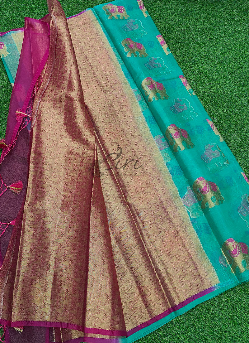 Beautiful Soft Ramagreen Organza Saree in rich Contrast Pallu