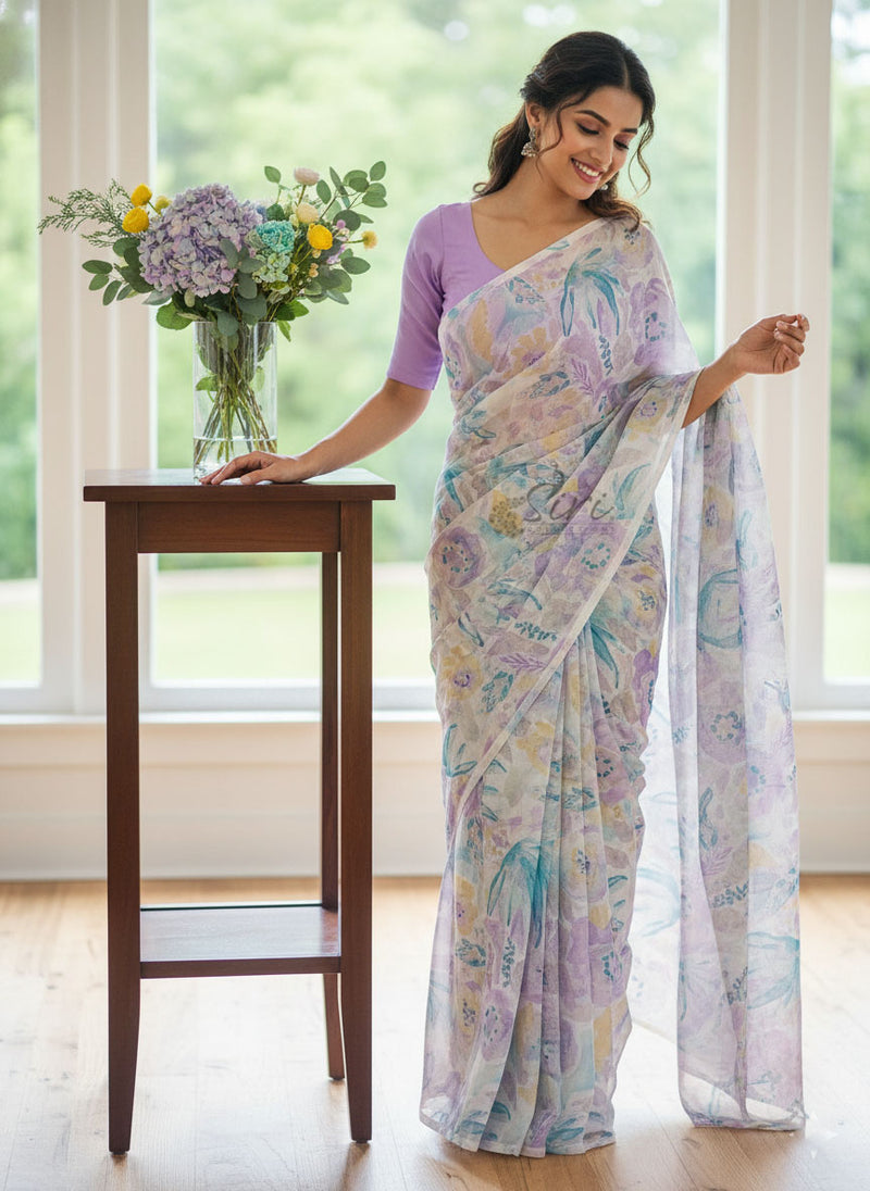 Latest Beautiful Printed Floral Chiffon Saree
