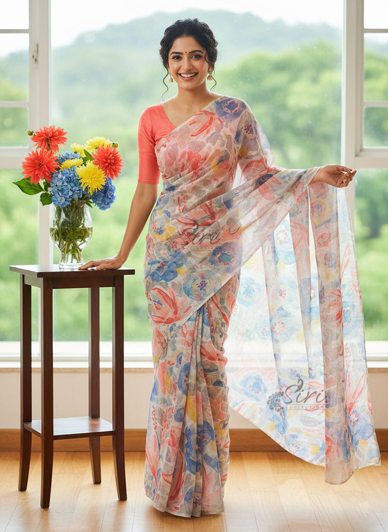 Latest Beautiful Printed Floral Chiffon Saree