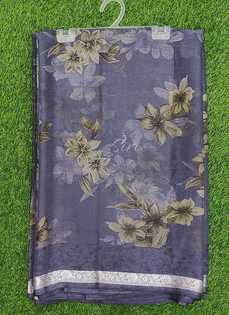 Beautiful Printed Chiffon Saree with Silver Border