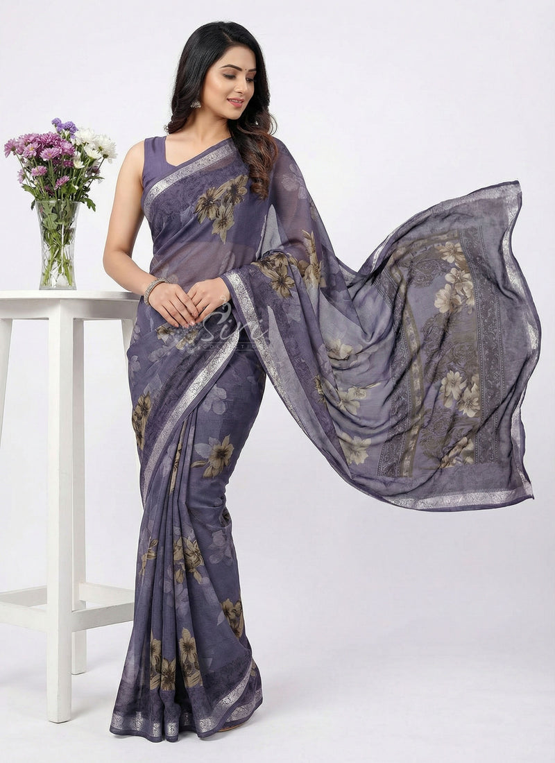 Beautiful Printed Chiffon Saree with Silver Border