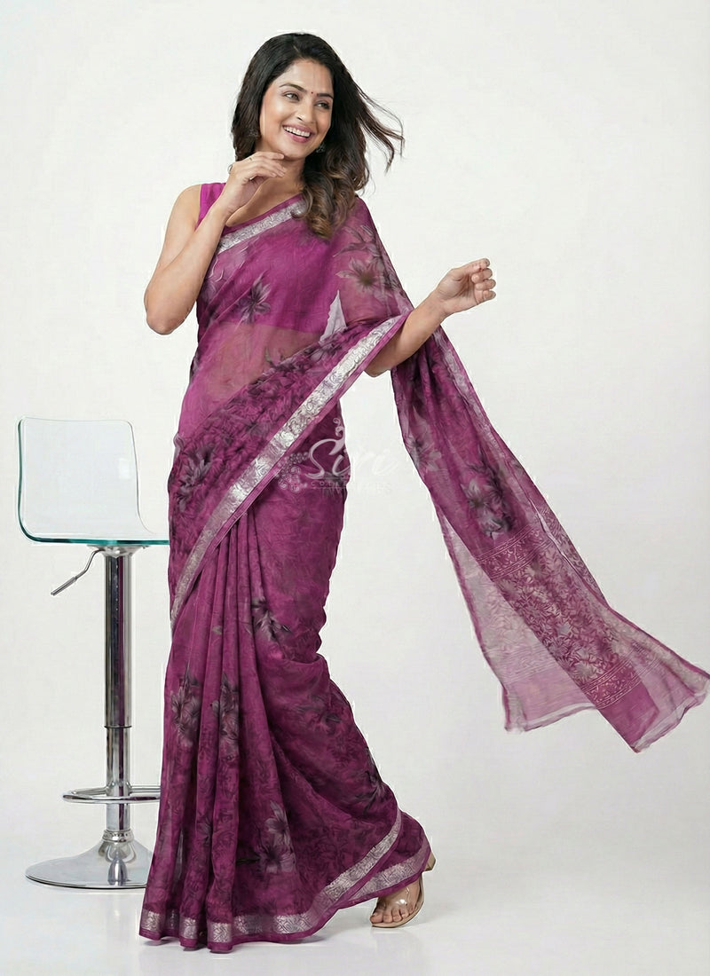 Beautiful Printed Chiffon Saree with Silver Border