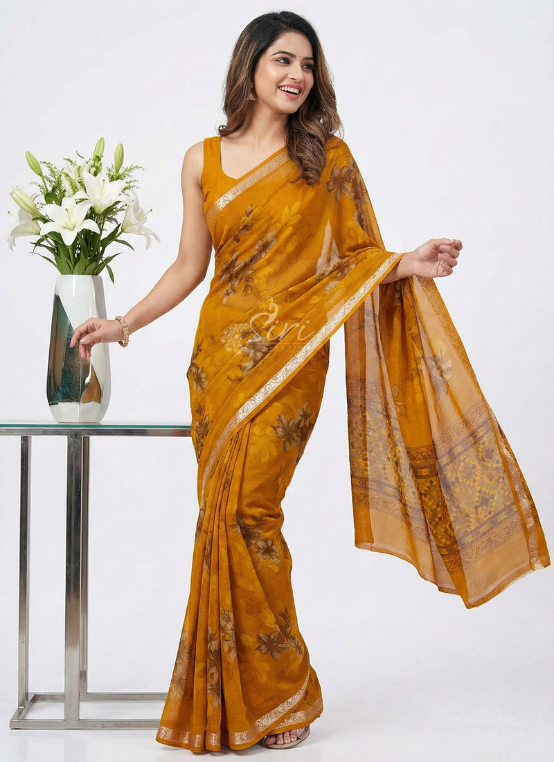 Beautiful Printed Chiffon Saree with Silver Border