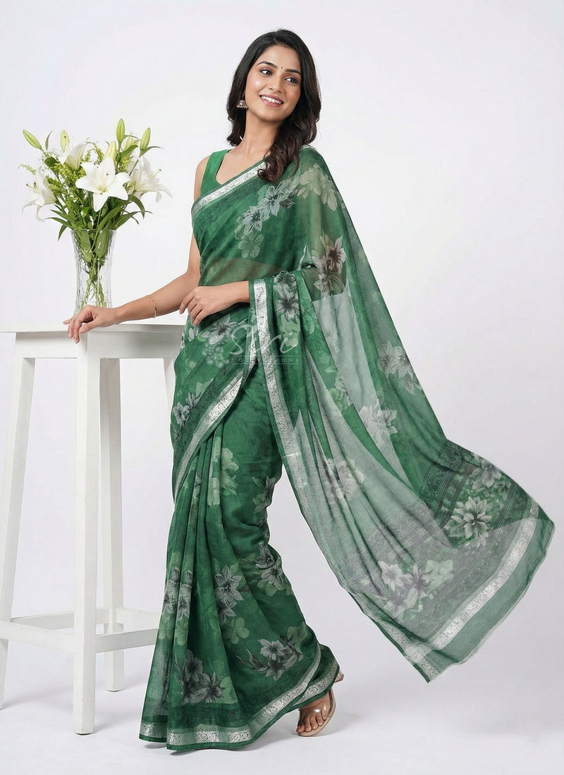 Beautiful Printed Chiffon Saree with Silver Border