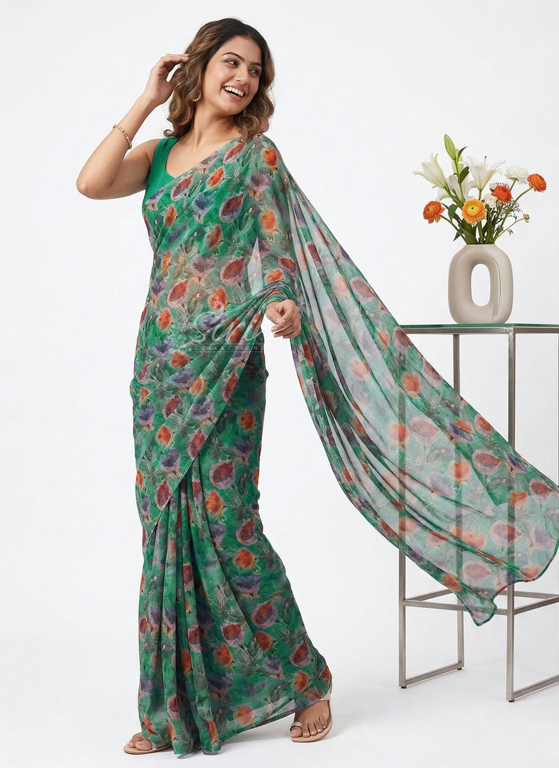 Beautiful Digital Print Floral Chiffon Saree