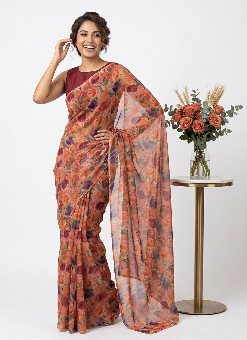 Beautiful Digital Print Floral Chiffon Saree