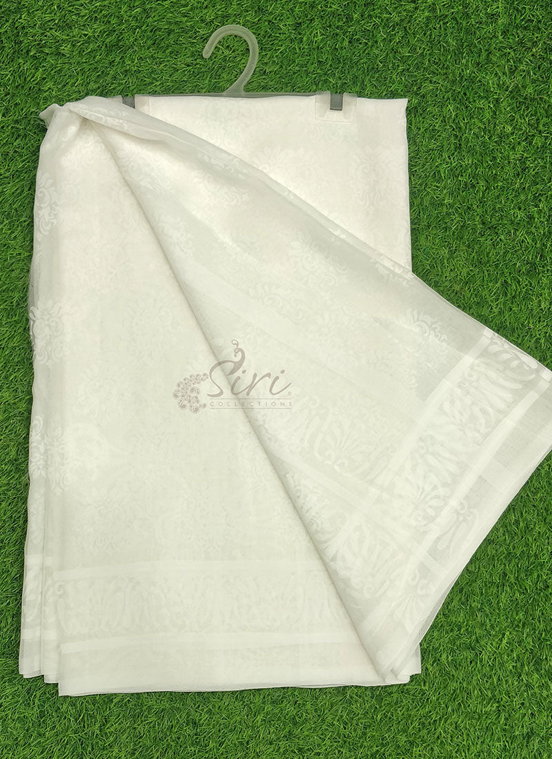 Beautiful White Summer Roganza Brasso Saree